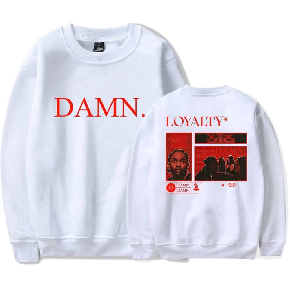 DAMN sweatshirt with bold red text and graphic design inspired by Justin Bieber swag merch.