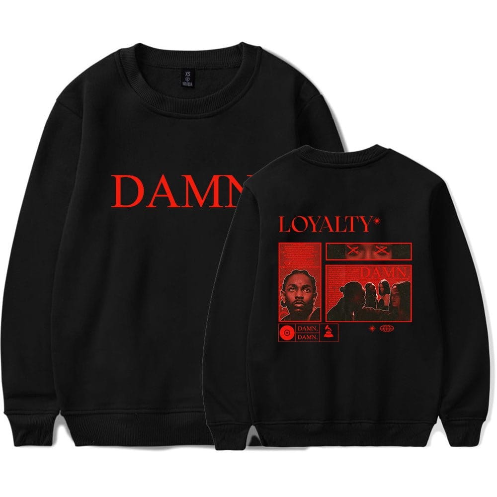 DAMN sweatshirt with bold red lettering and graphic print design inspired by Justin Bieber swag merch.