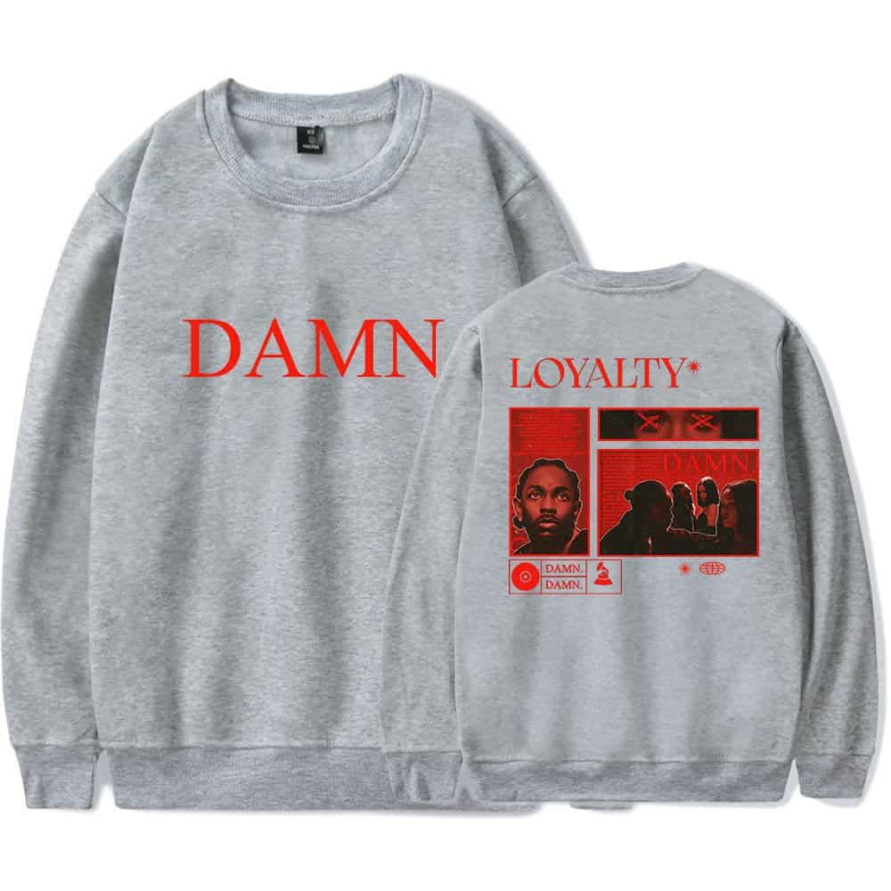 DAMN sweatshirt with bold red text and a graphic design inspired by Justin Bieber swag merch. Perfect for fans wanting a trendy and edgy look. High-quality gray hoodie with stylish print.