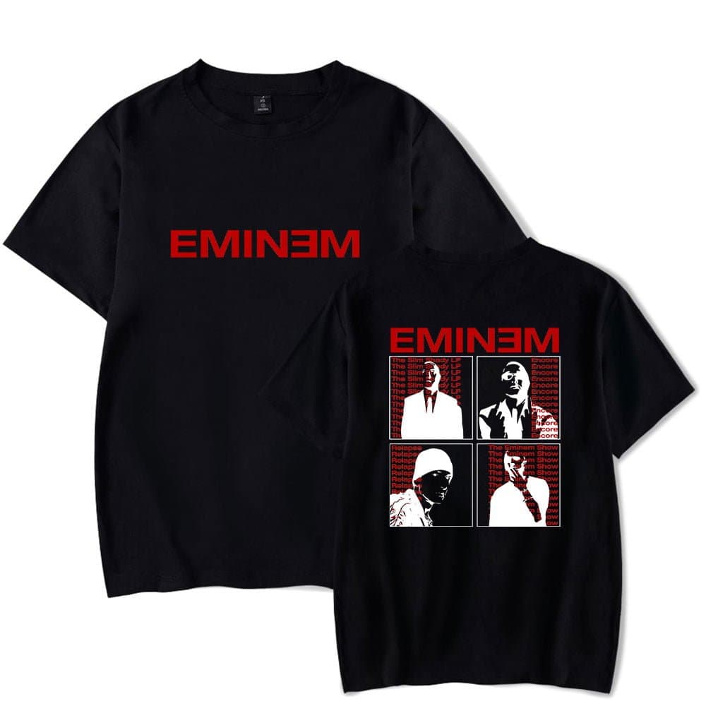 Eminem swag merch t-shirt featuring bold red text and graphic images inspired by the rapper, perfect for fans of hip-hop and streetwear fashion.