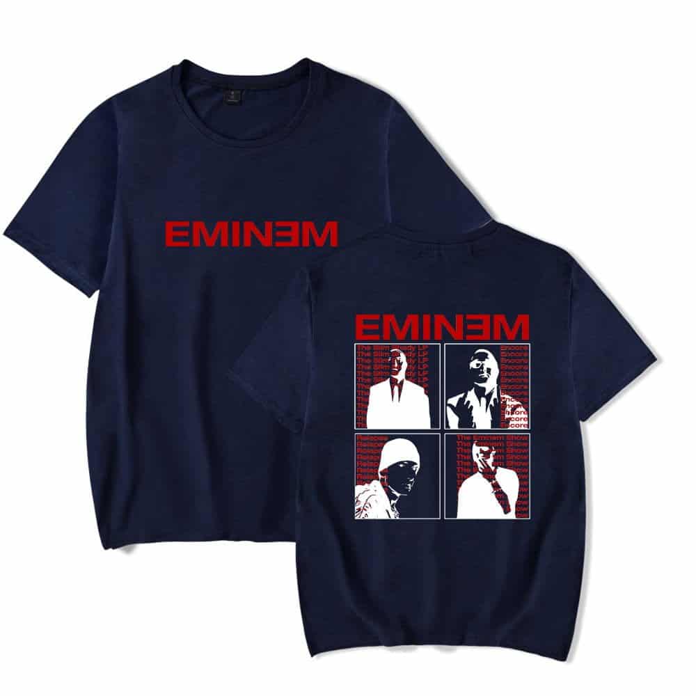 EMINEM swag graphic T-shirt with bold red text and images of the rapper in various poses. Perfect for fans of Eminem's music and streetwear fashion.