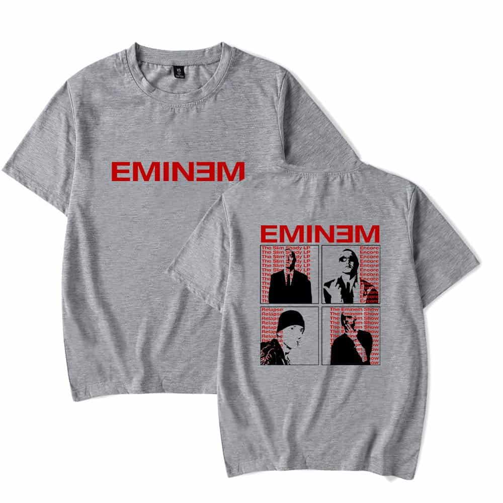 EMINEM swag merch t-shirt with bold red logo and panel design featuring images of the rapper.