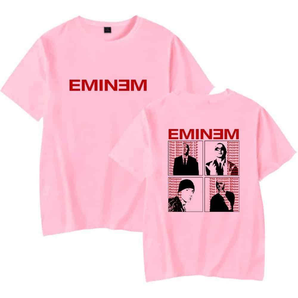 Eminem graphic t-shirt with bold red text and collage of album covers, perfect for fans of Slim Shady and hip-hop swag merchandise.