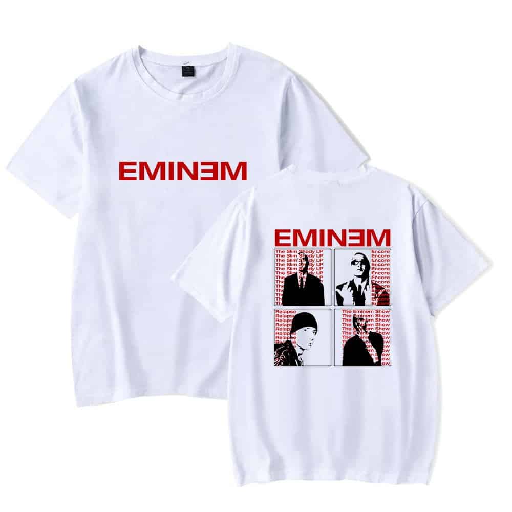 Eminem white graphic t-shirt with bold red logo and collage images of the rapper, perfect for fans of hip-hop and streetwear fashion.