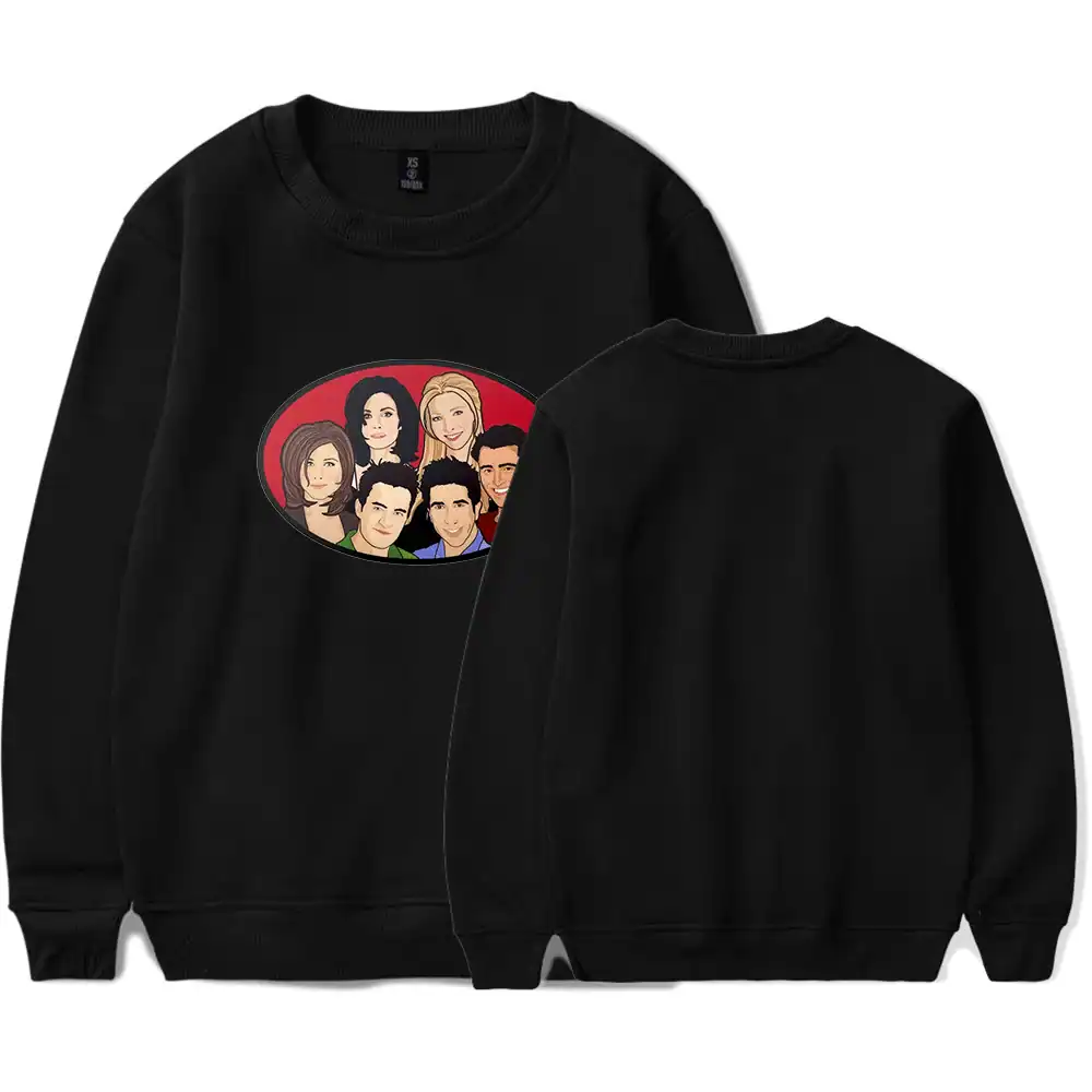 Justin Bieber swag merch featuring a stylish black sweatshirt with a graphic print of cartoon portraits of popular TV characters. Perfect for fans who want to showcase their love for Justin Bieber and pop culture.