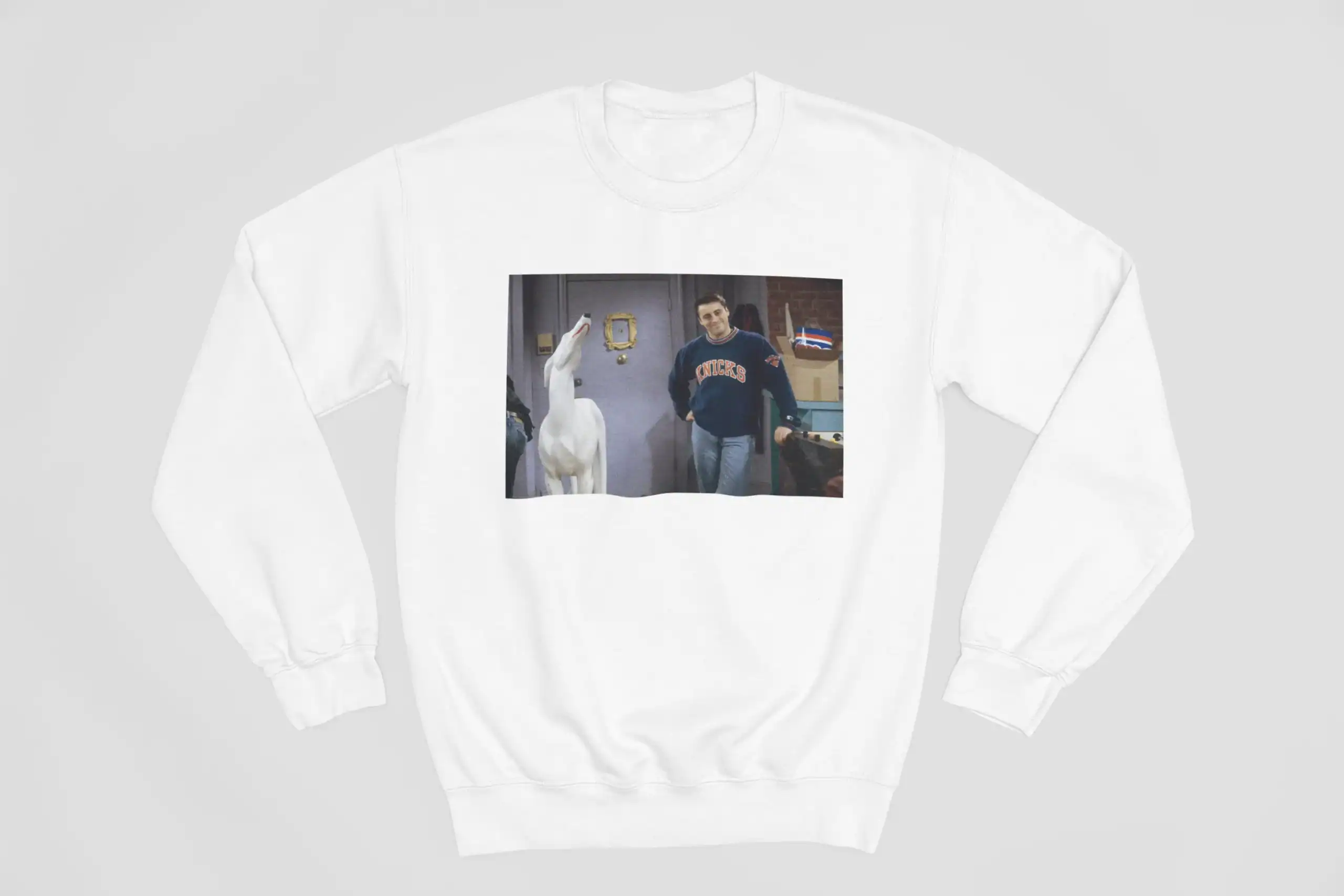 Justin Bieber swag sweatshirt with a retro TV scene featuring a man in a sports jersey and a white goose. Perfect for fans wanting to showcase iconic Bieber-inspired streetwear style.
