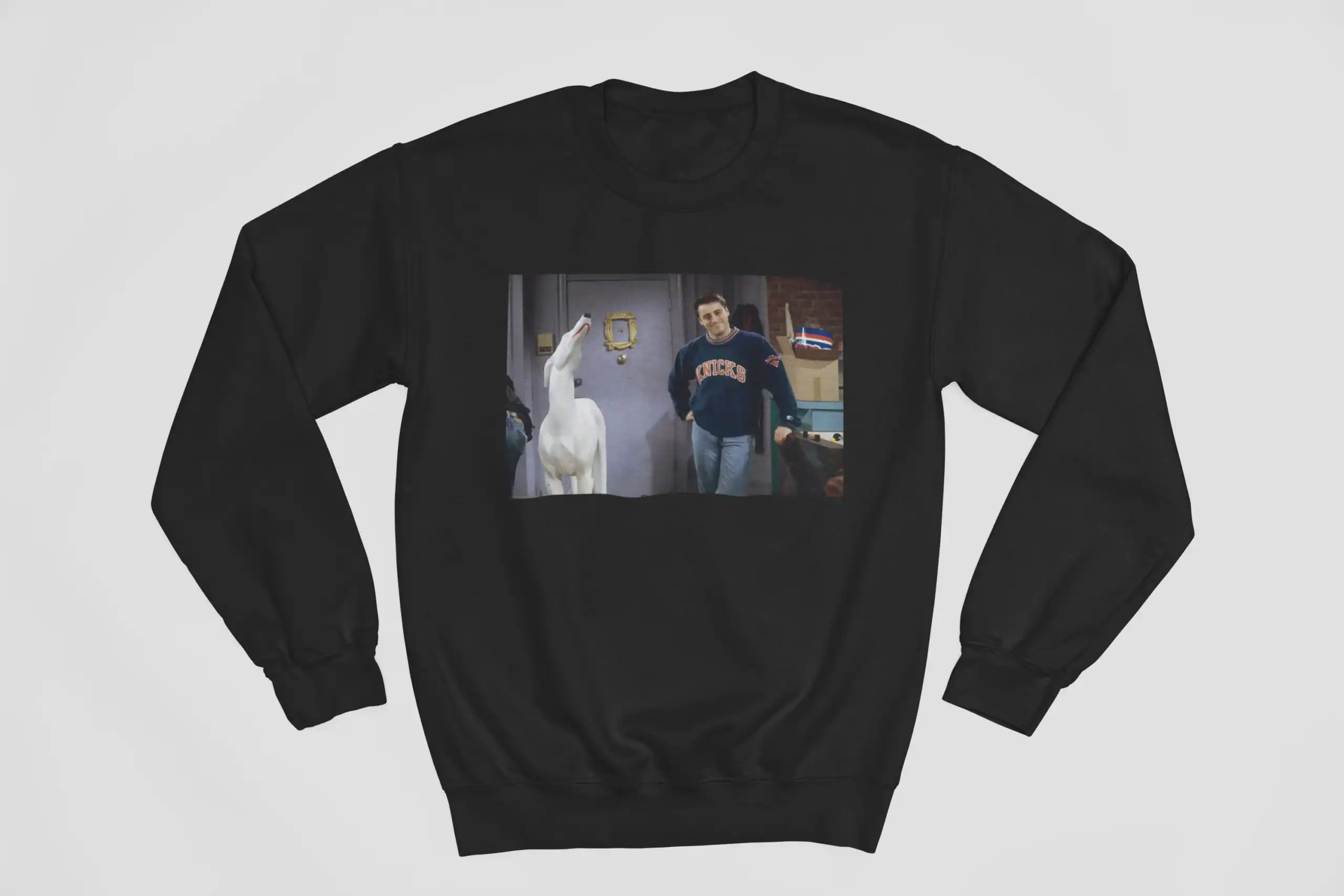 Justin Bieber swag merch sweatshirt featuring a nostalgic Friends TV show print of Chandler Bing and a white duck. Perfect for fans of pop culture and streetwear fashion.