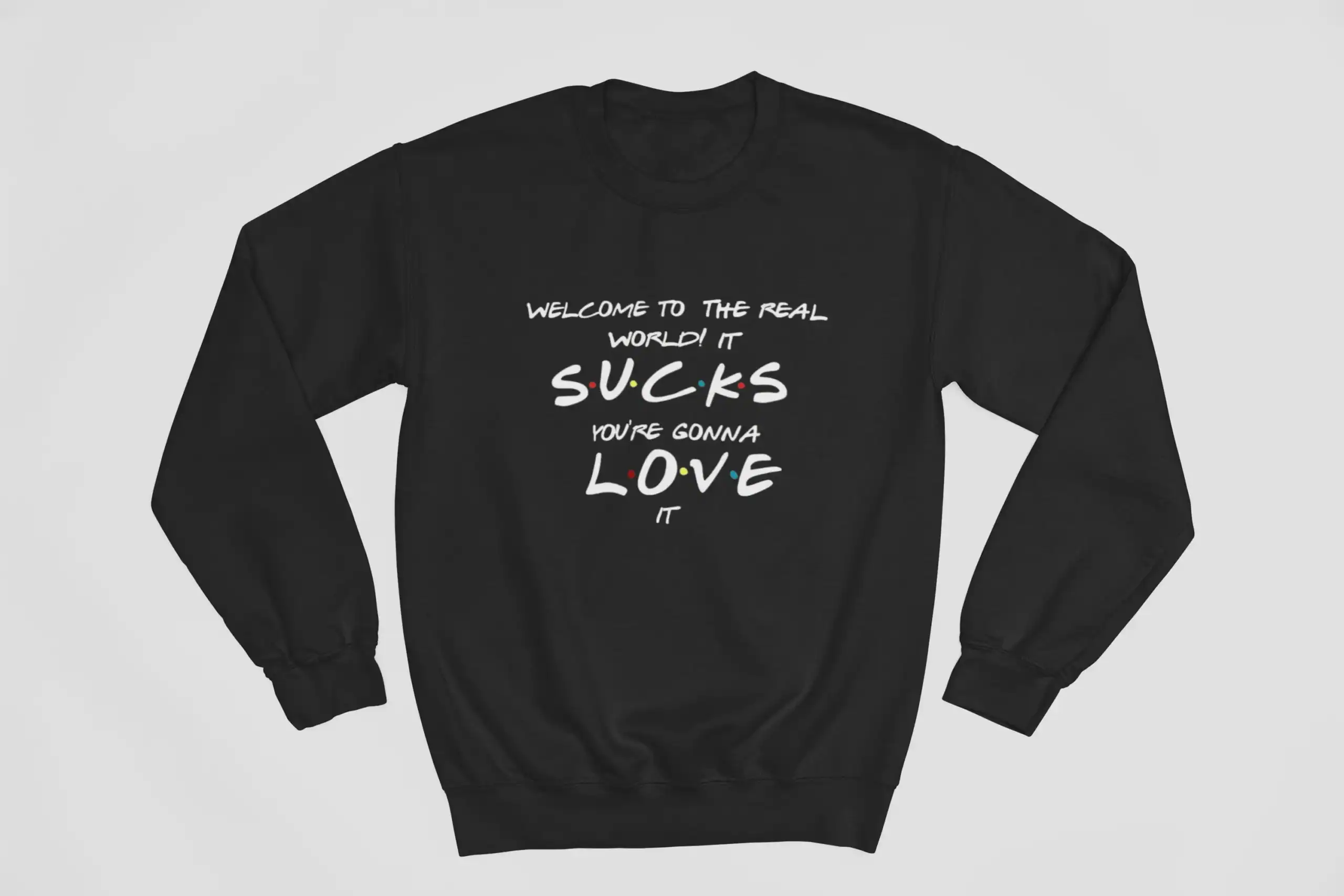 Sweatshirt with Justin Bieber swag merch, black hoodie with colorful text and graphic design.