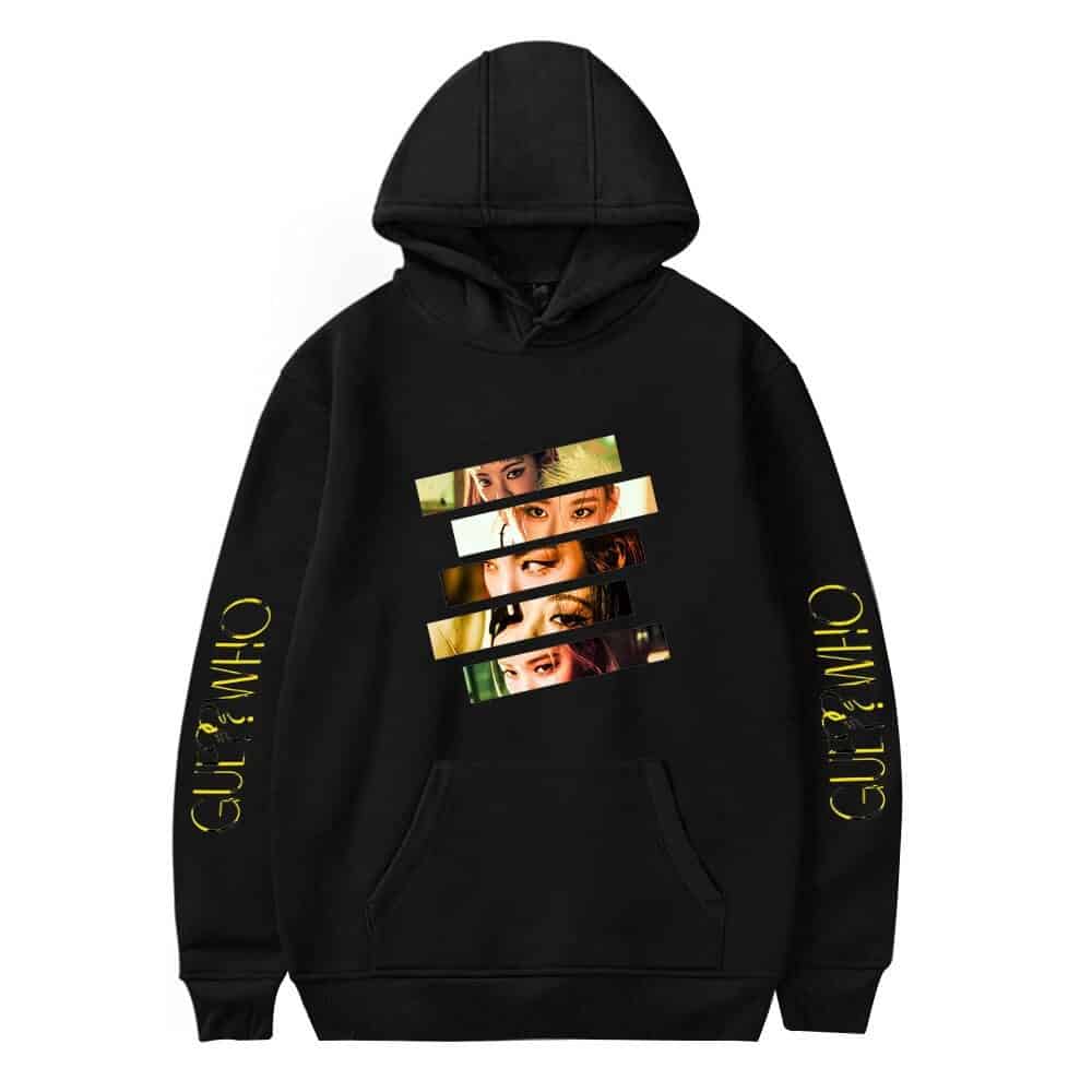 Black hoodie featuring colorful layered images of Justin Bieber and "Guess Who?" text on sleeves, popular swag merch for fans.