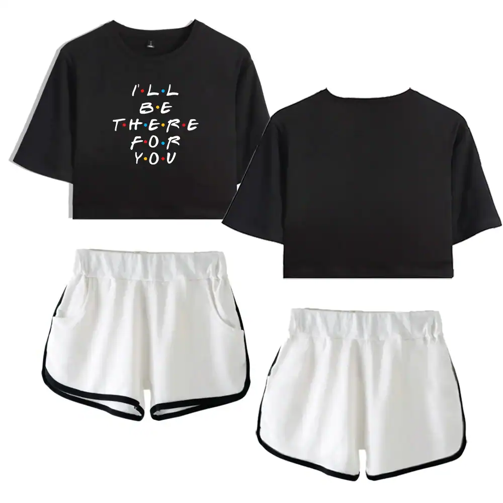 Loll Be There for You graphic crop tops, casual white shorts with black trim, trendy Justin Bieber swag merch for fans of his music and style.