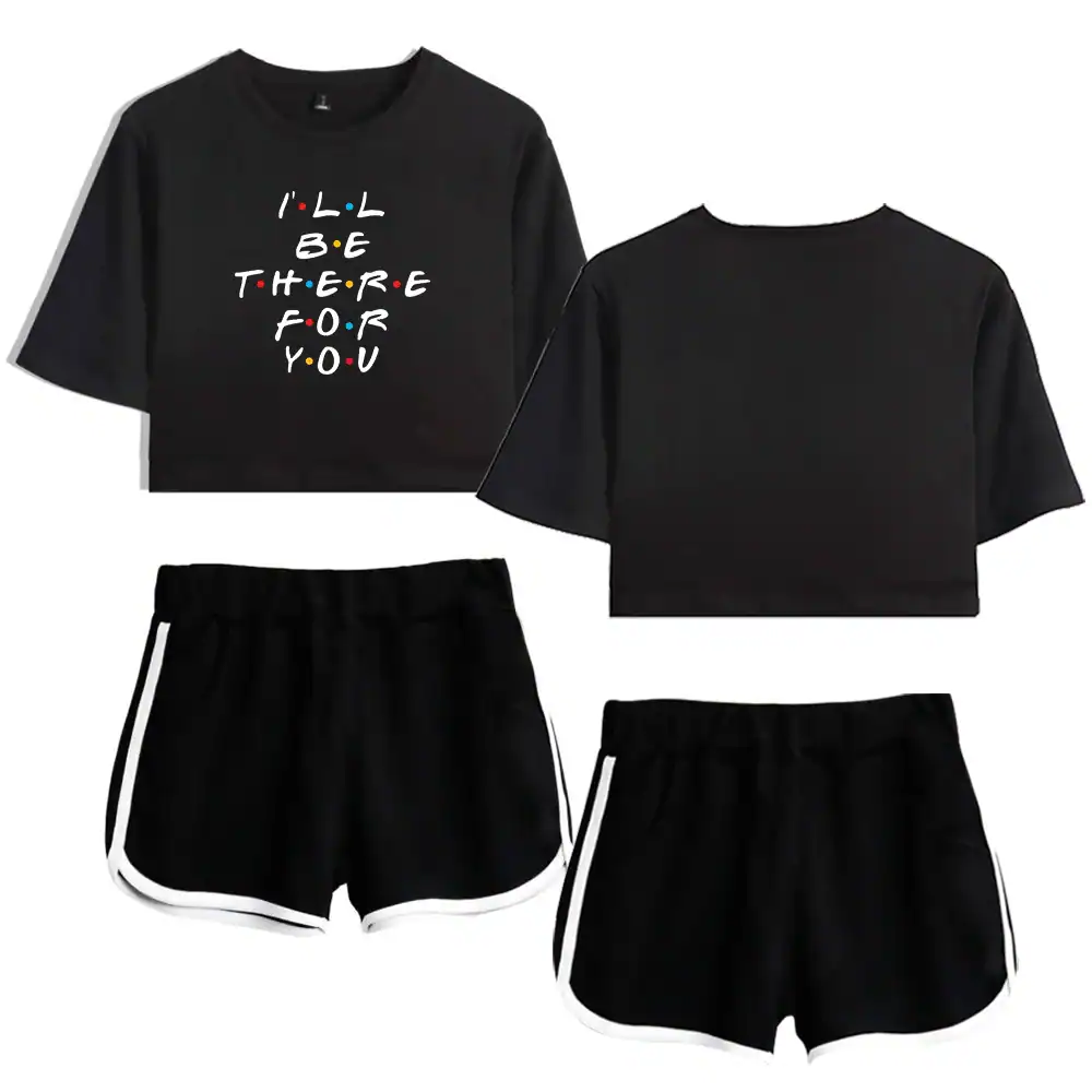 Justin Bieber swag merch casual women's black shorts and cropped t-shirts with "I'll be there for you" slogan. Stylish, comfortable, perfect for fans wanting a trendy look inspired by the pop icon.