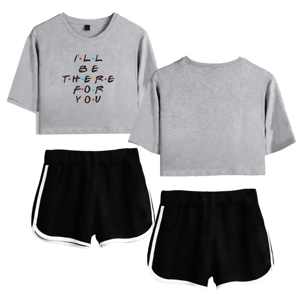 Comfy Justin Bieber swag merch gray cropped t-shirts with colorful text and black sporty shorts with white side stripes.