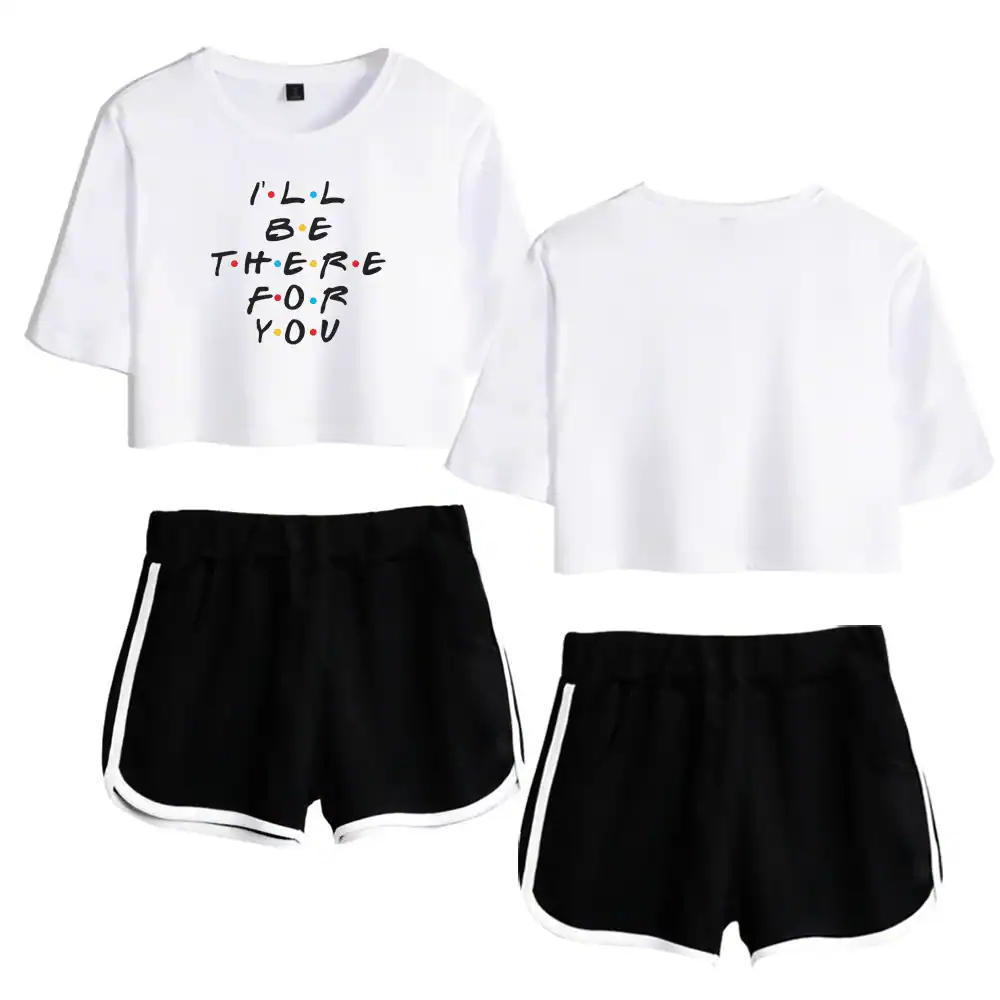 White cropped T-shirt with "I'll be there for you" text in colorful letters, paired with black athletic shorts with white side stripes, perfect for casual swag merchandise inspired by Justin Bieber.