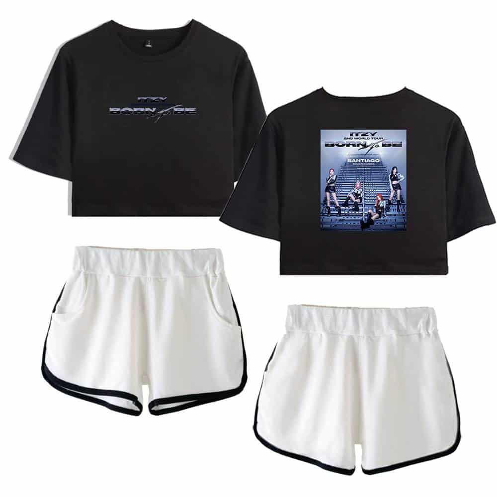 Justin Bieber swag merch set featuring black graphic crop tops and white sporty shorts, perfect for fans wanting trendy concert-ready apparel.