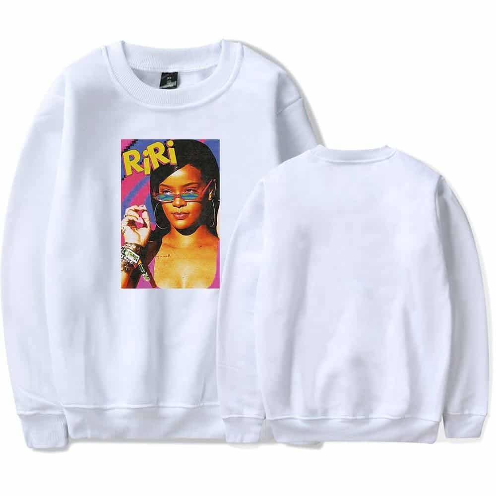 RiRi swag graphic sweatshirt featuring a colorful image of Rihanna with sunglasses. Perfect for fans of celebrity merch and streetwear style.