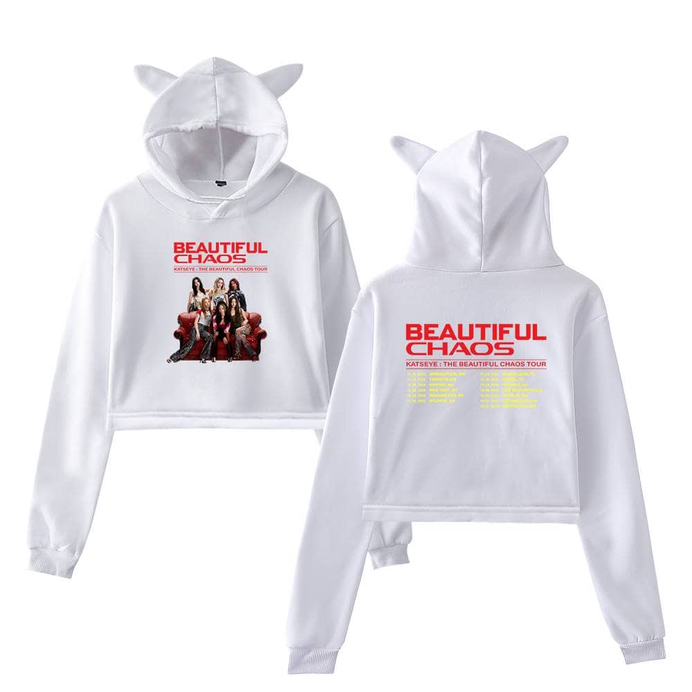 BEAUTIFUL CHAOS tour hoodie featuring a group photo of female idols wearing matching pajamas with cat ears, in a stylish and trendy design perfect for fans of K-pop and pop music merchandise.