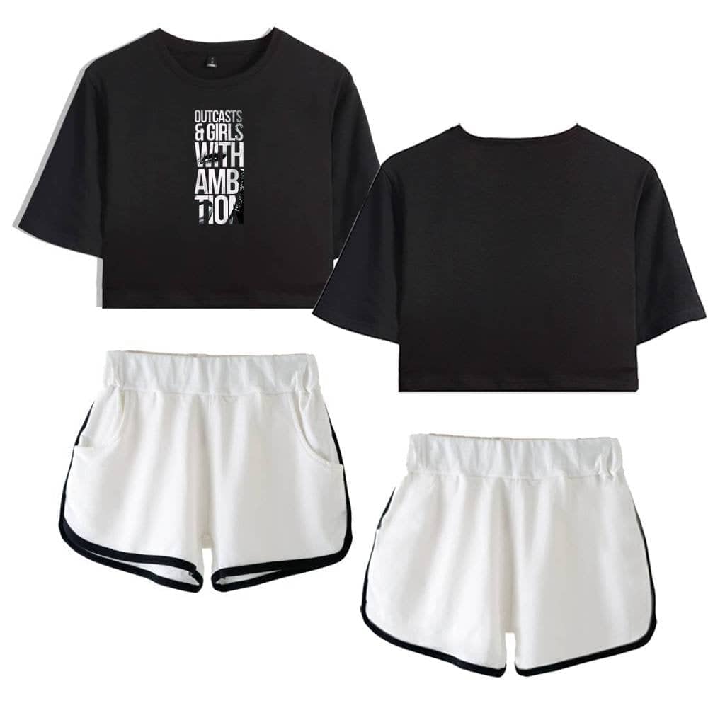 Black cropped t-shirts with white text design and white athletic shorts with black trim, casual streetwear fashion inspired by Justin Bieber swag merch, trendy and sporty apparel for fans and casual wear.