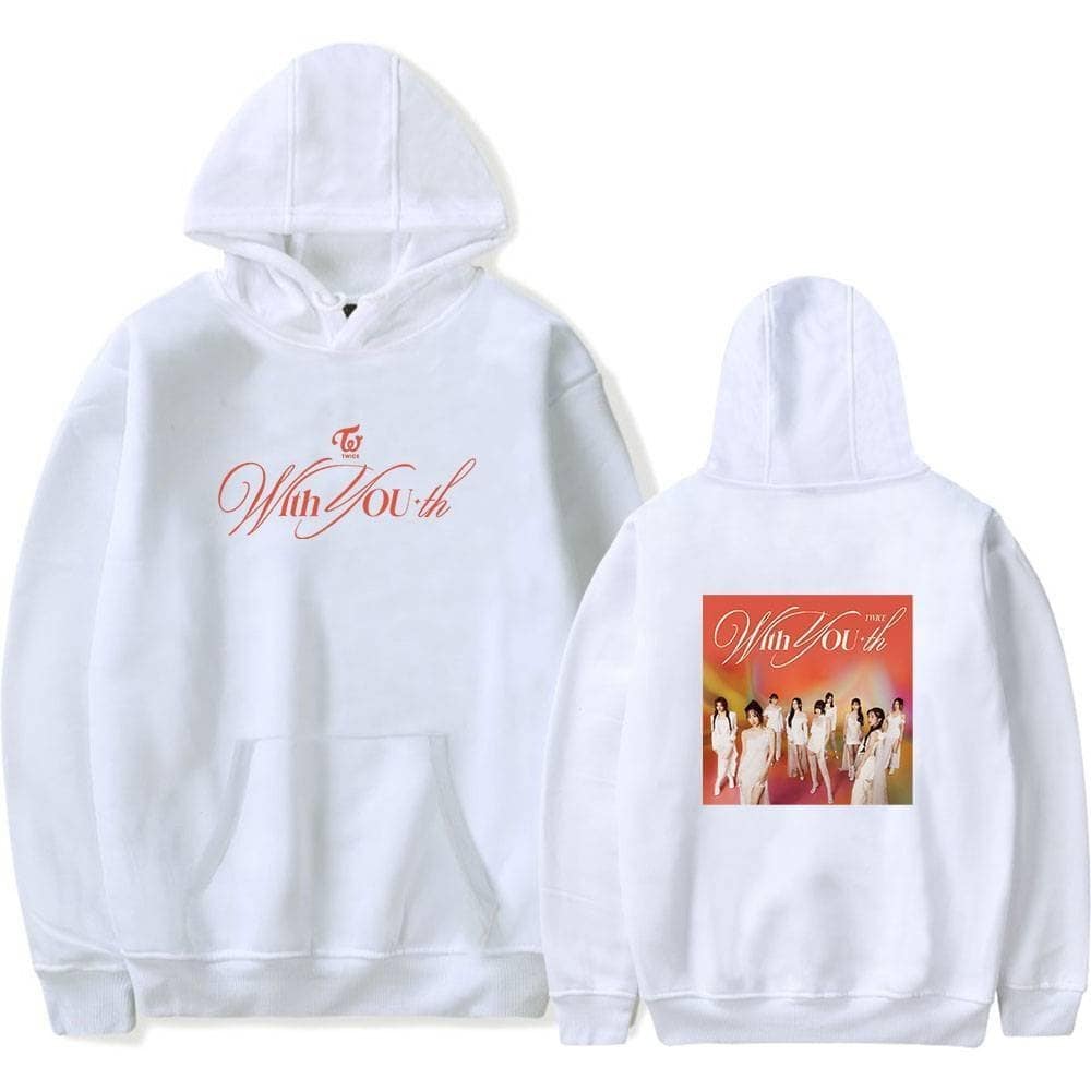 With Youth Justin Bieber swag hoodie featuring a graphic of a girl group on the back and stylish script text on the front, perfect for fans of Bieber's merchandise.