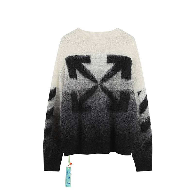 Black and white Off-White inspired sweater featuring bold arrow graphics, perfect for Justin Bieber swag merchandise enthusiasts.