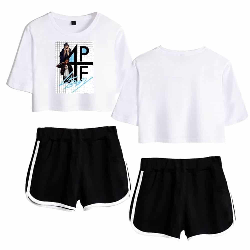 Justin Bieber swag merch crop top, featuring graphic print and casual style, paired with matching black sporty shorts for a trendy streetwear look. Perfect for fans wanting stylish Bieber-inspired apparel.