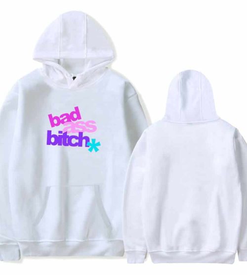 Bad ass bitch slogan hoodie with colorful text print and front pocket design, perfect for fans of Justin Bieber swag merch and street style fashion.