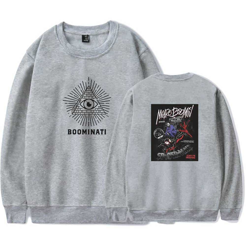 Eye logo with pyramid and "BOOMINATI" text on a gray sweatshirt.
