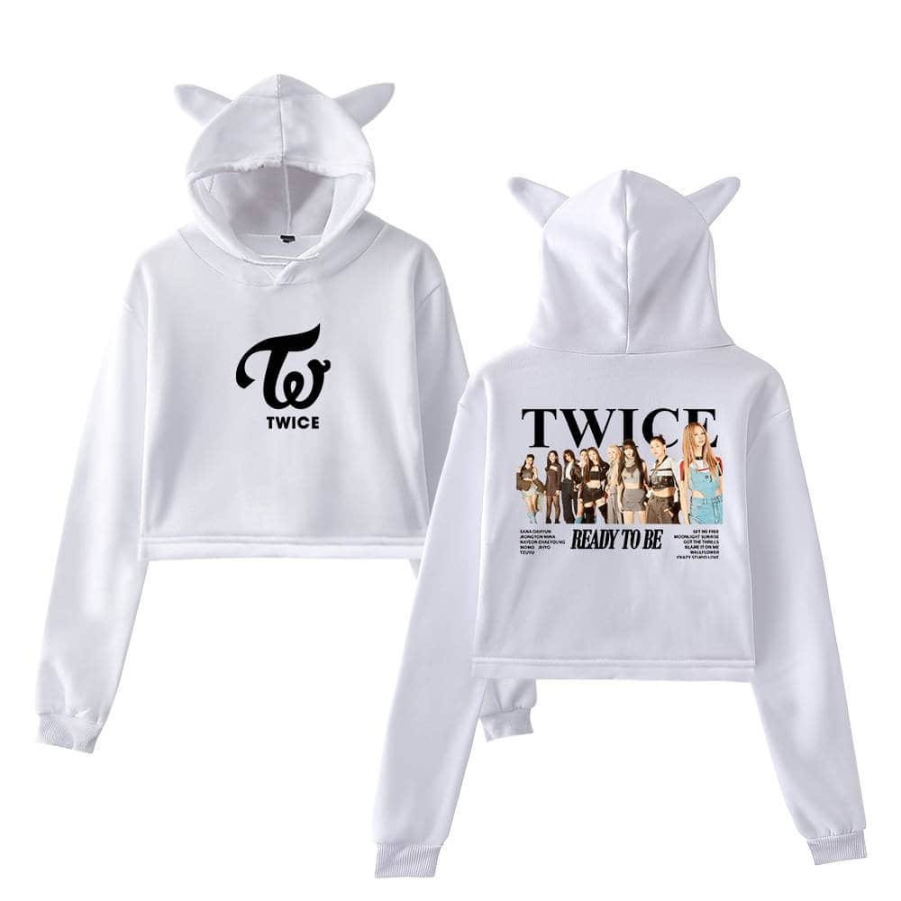 Twice swag hoodie with cat ears, featuring band logo on front and a group photo with "READY TO BE" text on back.