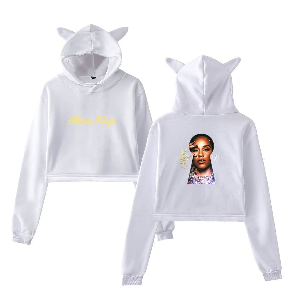 White hoodie with animal ear details, featuring a vibrant Alicia Keys graphic on the back and yellow text. Perfect swag merch for fans of Justin Bieber inspired fashion.