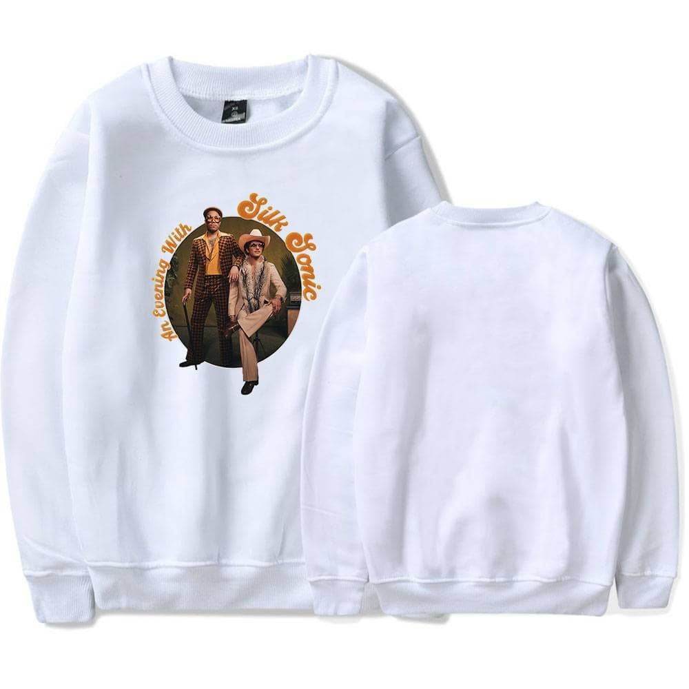 Justin Bieber swag merch sweatshirt featuring an "An Evening With Juice" design with stylishly dressed characters. Perfect for fans wanting trendy, comfortable Justin Bieber-inspired apparel.