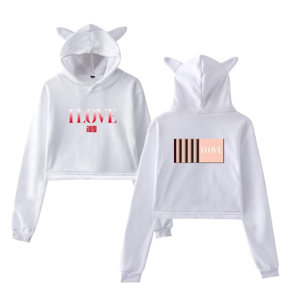 Soft white hooded sweatshirt and jogger set featuring playful unicorn ears, with bold "I LOVE" graphic design, perfect for Justin Bieber swag merch fans seeking stylish, trendy streetwear.