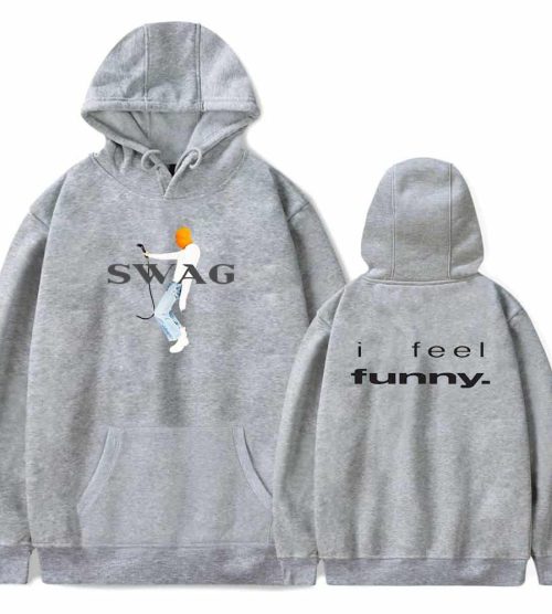 Swag hoodie with Justin Bieber graphic and humorous quote on back, casual streetwear style.
