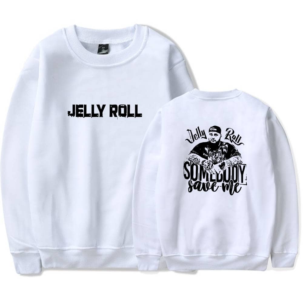 Jelly Roll sweatshirt with bold black text and a graphic print of a man with tattoos and a beard. Perfect swag merch for Justin Bieber fans. Stylish and trendy urban streetwear.