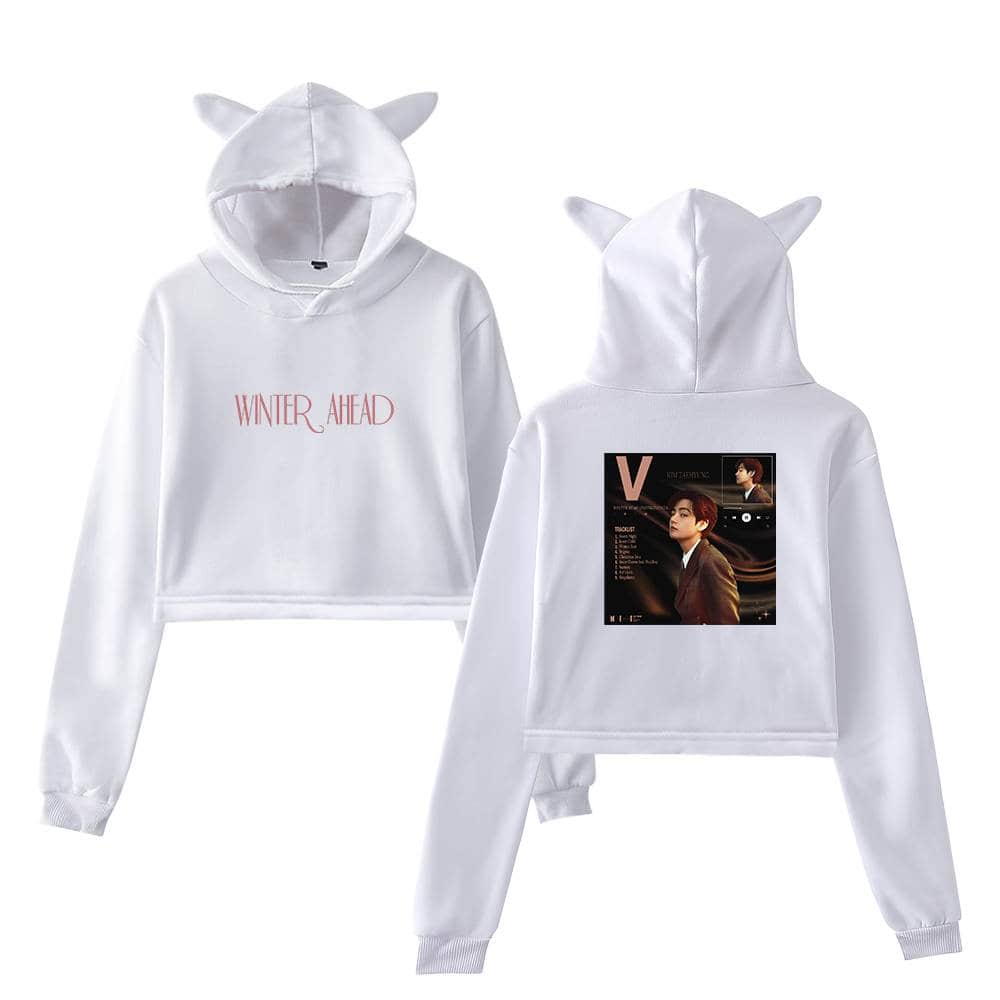 White hoodie with animal ear details, featuring "WINTER AHEAD" text on the front and a V Magazine cover print on the back, inspired by Justin Bieber swag merch.