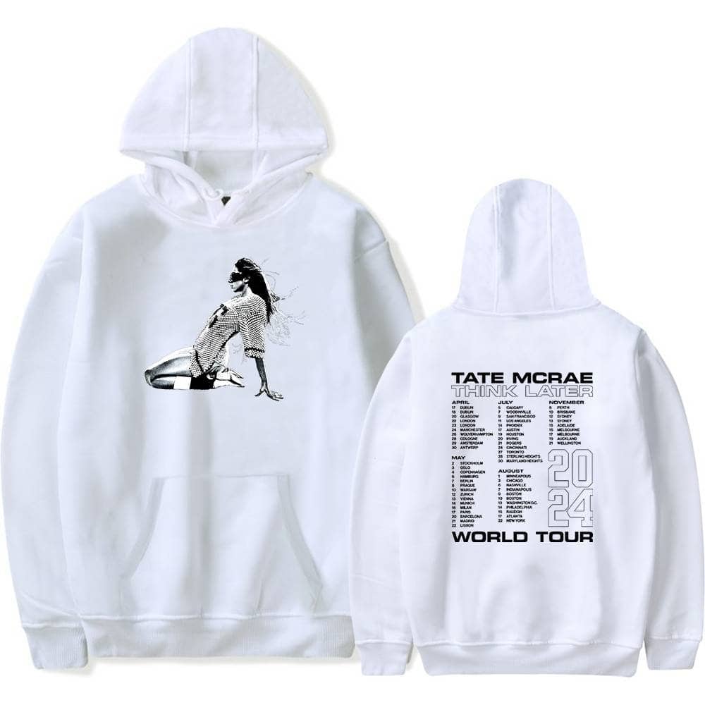 Comfortable white hoodie featuring Justin Bieber-inspired swag merchandise with a stylish black-and-white graphic of a woman on the front and a concert tour schedule on the back.