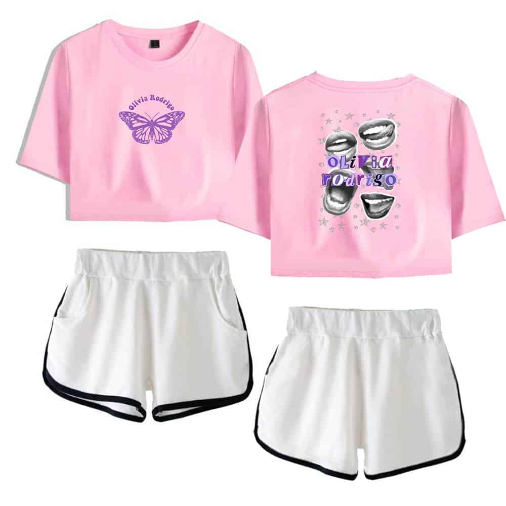 Butterfly graphic pink crop top with Olivia Rodrigo text and lip designs, matching white shorts with black trim, stylish Justin Bieber swag merchandise, colorful and trendy casual outfit, perfect for fans of pop icons and streetwear fashion.