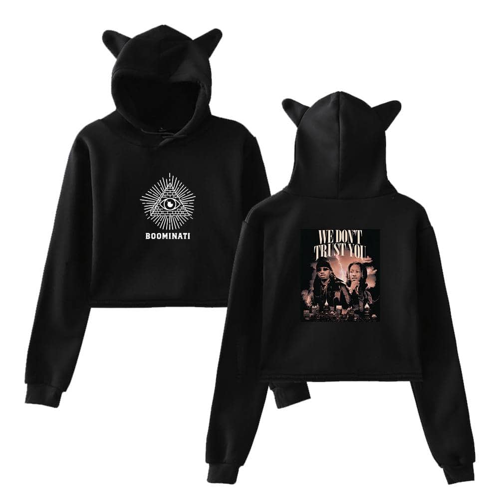 Black hoodie sweatshirt with cat ears, featuring a triangle eye logo with "BOOMINATI" text on the front and "WE DON'T TRUST YOU" graphic with rappers on the back, trendy Justin Bieber swag merch.
