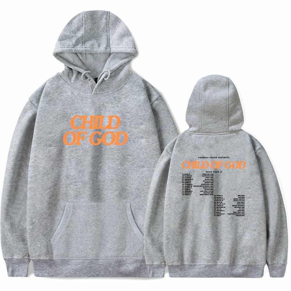 Child of God hoodie with bold orange text and tour details on the back, perfect for Justin Bieber swag merch fans.