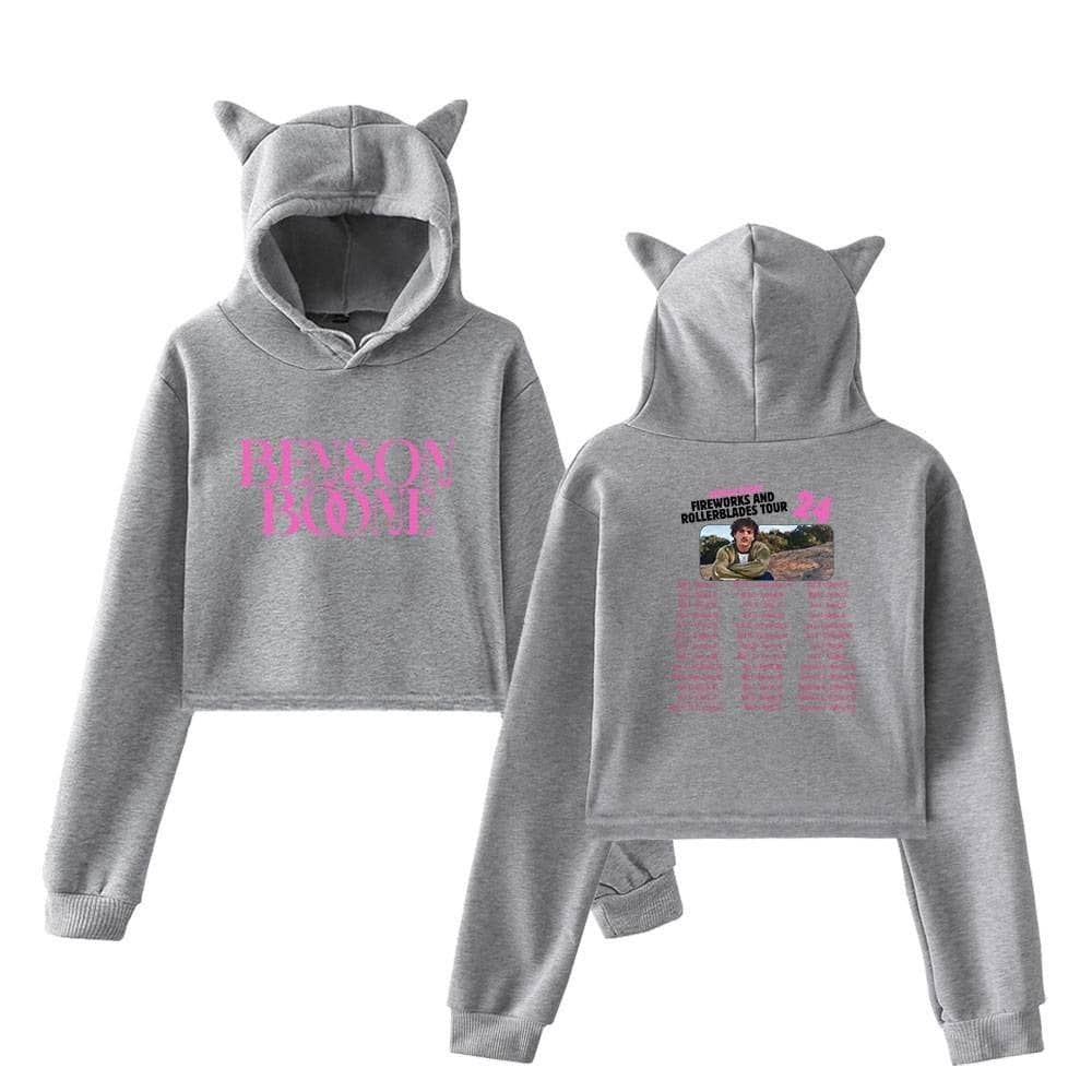 Benson bome grey hooded sweatshirt with cat ears, trendy and cozy swag merch, perfect for fans of Justin Bieber.