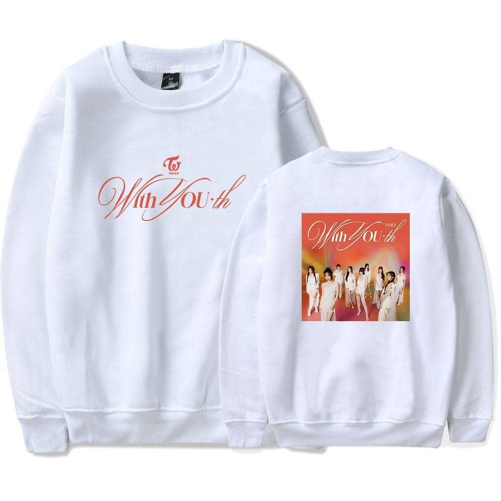 Twice with you 4th merch sweatshirt featuring a group photo of Twice members in white outfits, highlighting Justin Bieber-inspired swag style.