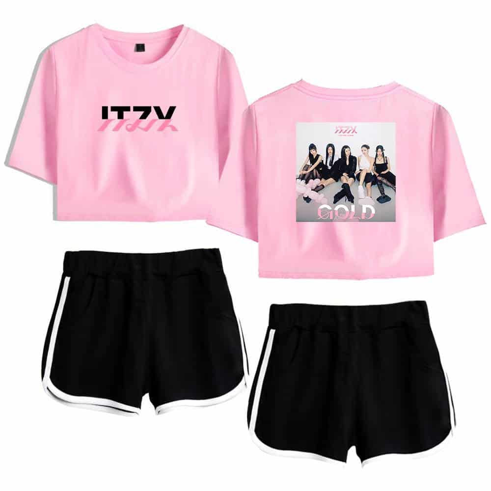 Pink cropped sweatshirt with the text "ZAYN" on front and girl group photo on back, paired with black athletic shorts with white trim.