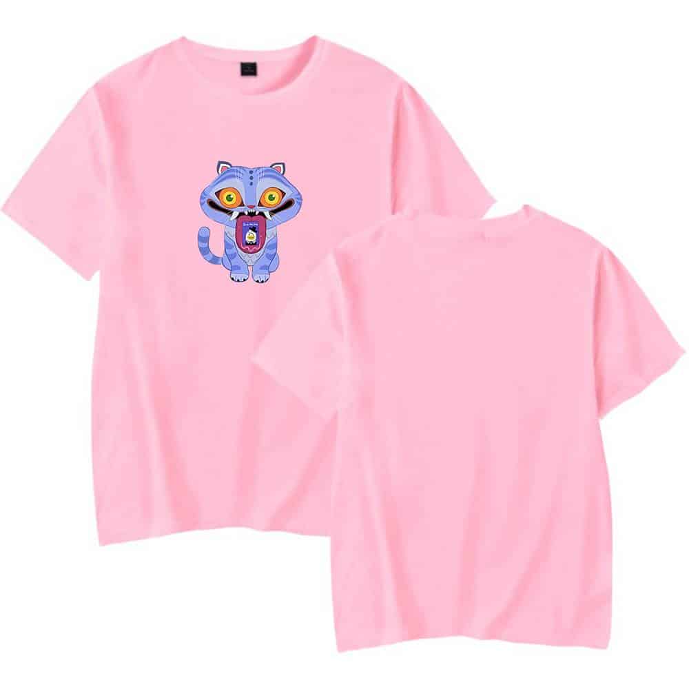 Justin Bieber swag merch pink T-shirt featuring a colorful cartoon tiger graphic with a playful and trendy design. Perfect for fans of Justin Bieber who want stylish and fun streetwear.