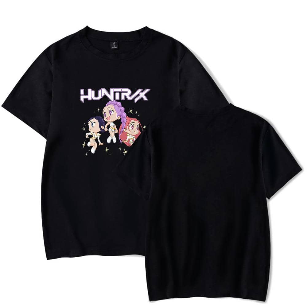 HUNTRX Justin Bieber swag merch graphic t-shirt featuring animated characters in a vibrant, youthful design perfect for fans of streetwear and pop culture.