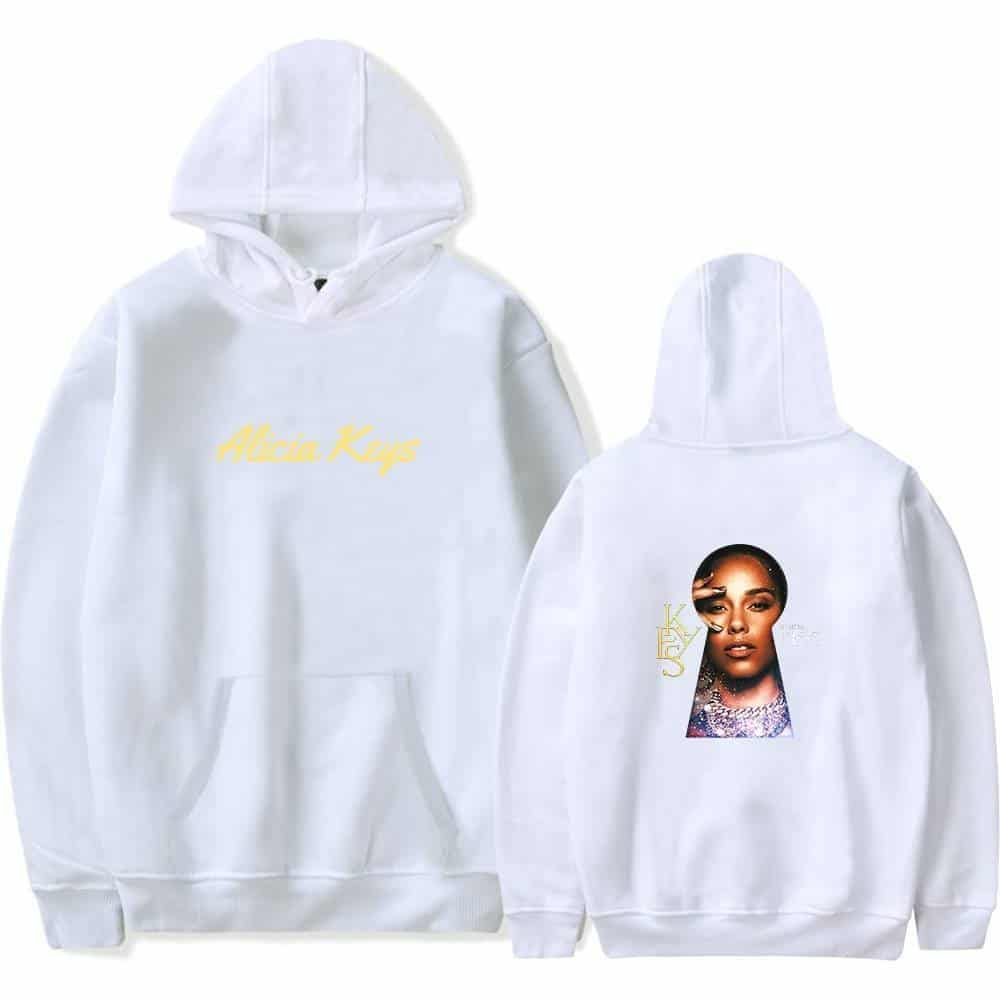 Soft white hoodie featuring Alicia Keys text on the front and a striking portrait of Alicia Keys on the back, blending swag and style in music-inspired merch.