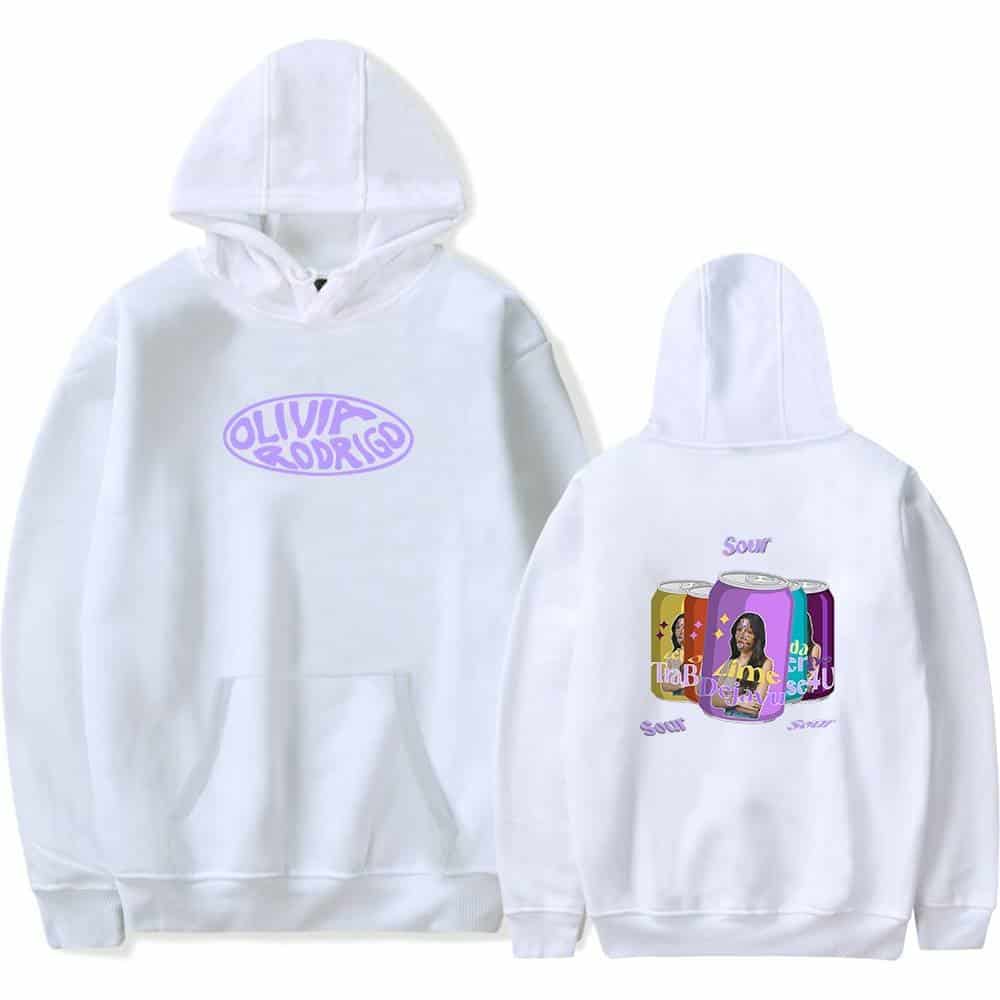 Olivia Rodrigo hoodie with custom colorful soda can design and bold text print.