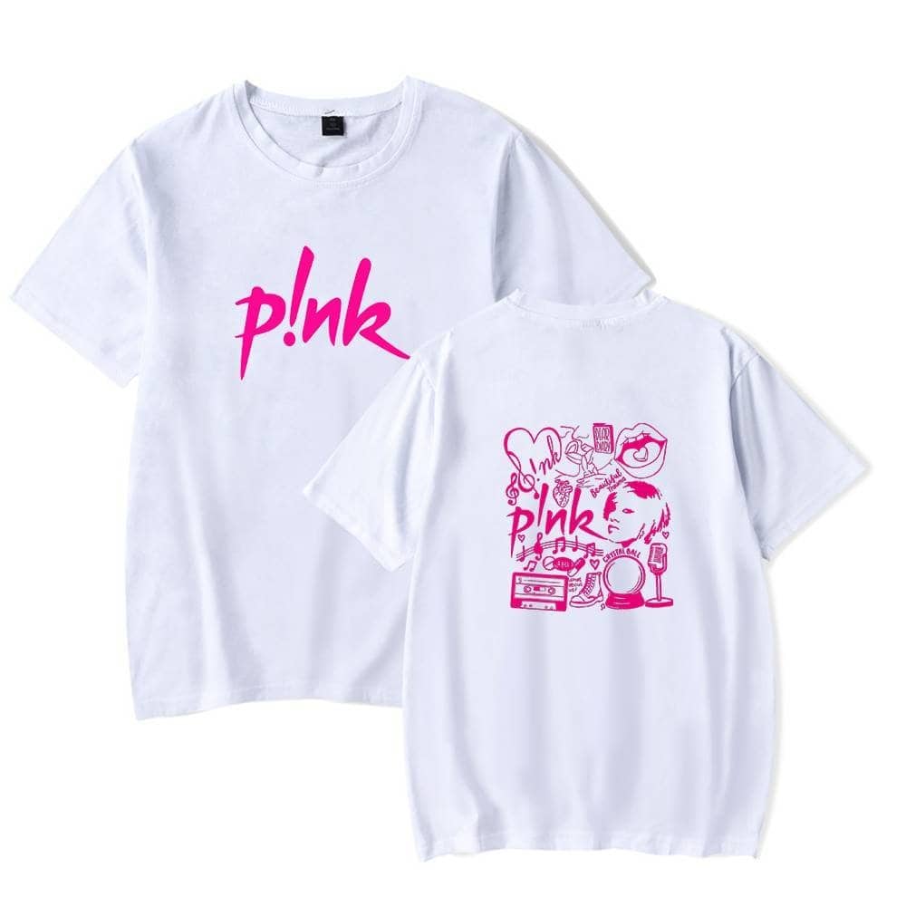 P!nk swag t-shirt with bold pink logo and playful back graphic design featuring musical instruments, lips, and colorful doodles, perfect for fans of the singer and pop culture.