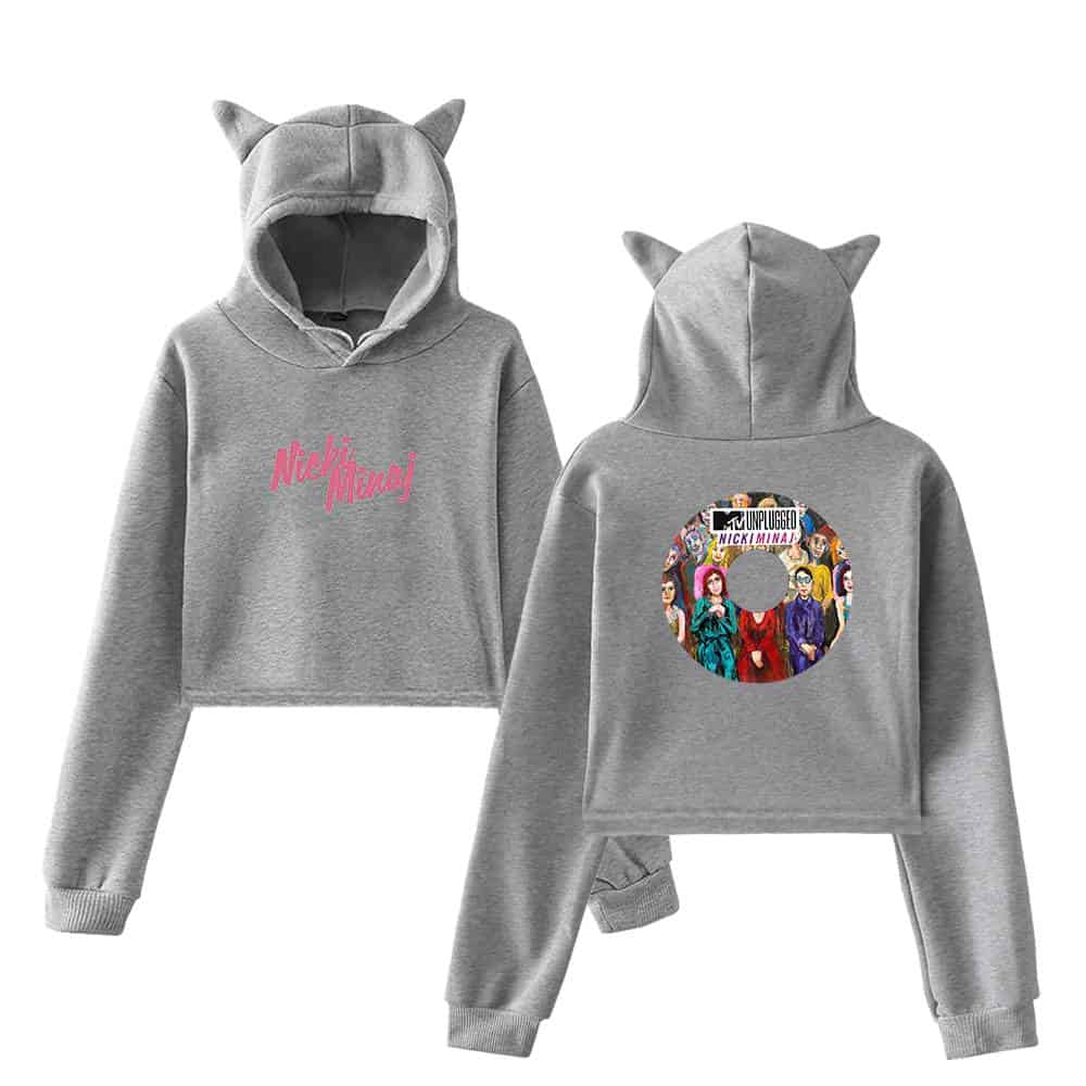 Nicki Minaj swag hoodie set with cat ears on the hoodie, featuring vibrant graphics and pop art style design, perfect for fans of Nicki Minaj and streetwear fashion.