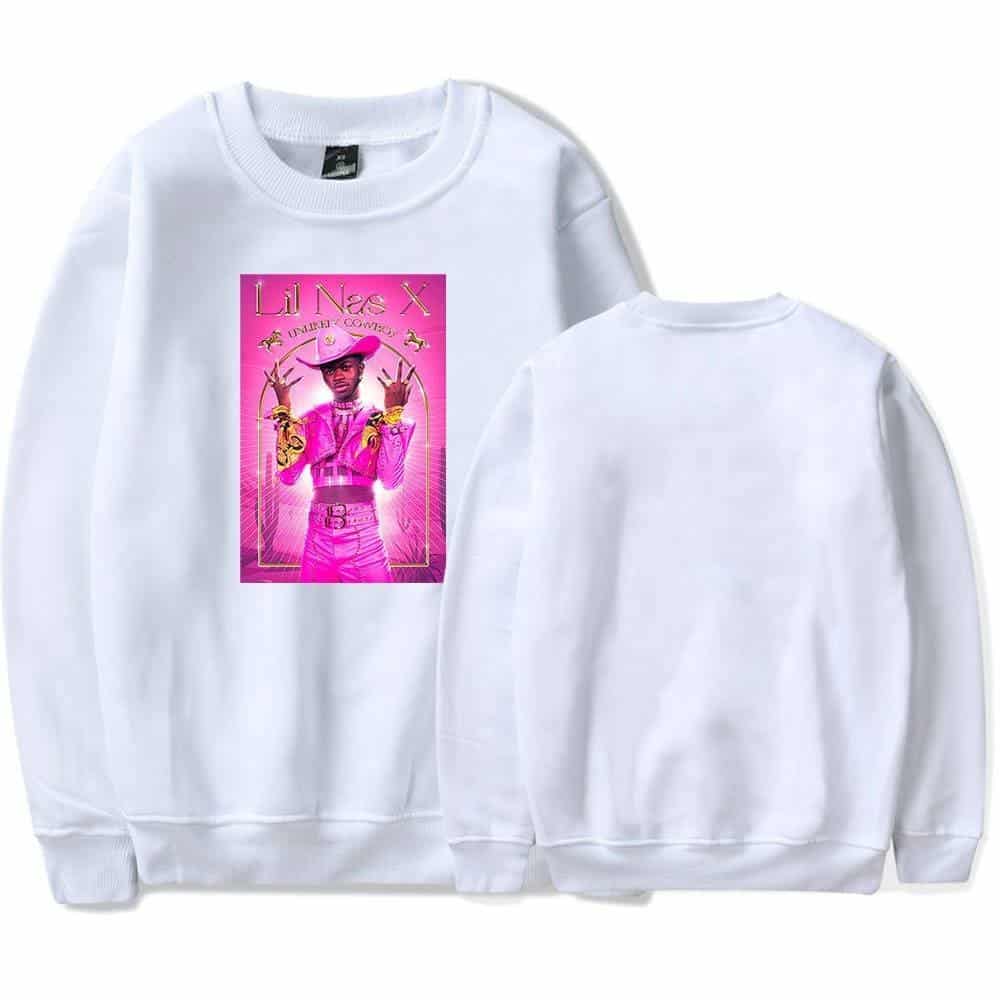Viral white sweatshirt featuring Lil Nas X in a vibrant pink cowboy-themed graphic, showcasing a bold and trendy design inspired by contemporary pop culture and musician swag merch.