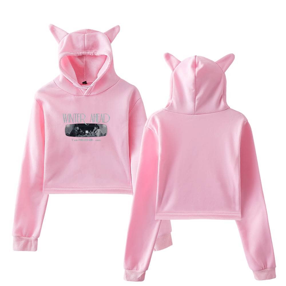 Pink hoodie set with cat ears and "Winter Ahead" graphic, inspired by Justin Bieber's swag merch collection, perfect for fans seeking stylish and cozy streetwear.