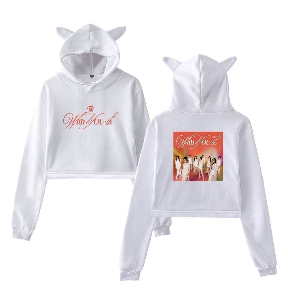 White hoodie set featuring a crop top and joggers with "To Win You Th" graphic and animal ear hood design.