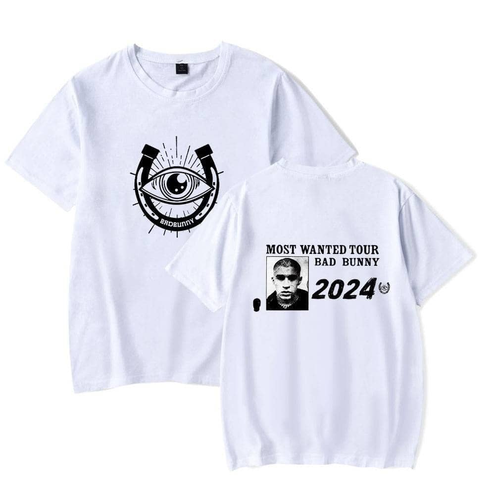 Eye-catching white T-shirts featuring Justin Bieber swag and merchandise designs, including bold graphics and tour-inspired prints, perfect for fans of Justin Bieber's style.